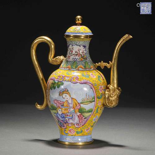 Qing Dynasty Painted Enamel Figure Holding Pot