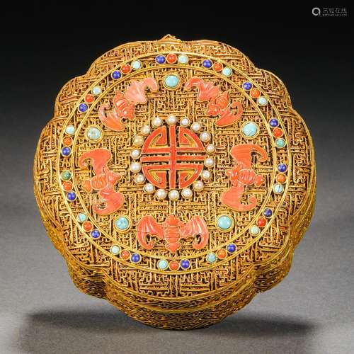 Pre-Ming Dynasty Gold Inlaid Gemstone Filigree Box