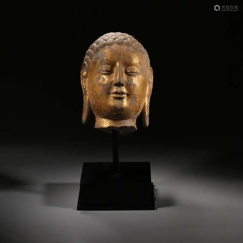 Pre-Ming Dynasty Gold Buddha's head painted on stone