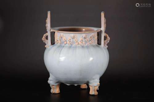 Jun Kiln Sky Blue Glazed Tripod Furnace with Two Ears Before...