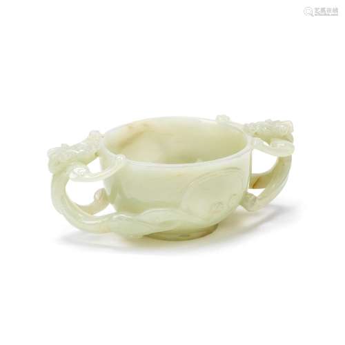 A PALE CELADON JADE 'CHILONG' DOUBLE HANDLED CUP Ming Dynast...