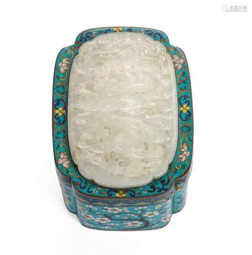 A WHITE JADE 'DRAGON' PLAQUE INSET CLOISONNÉ ENAMEL BOX AND ...