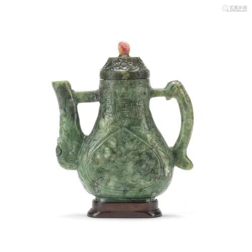 A GEM-INSET SPINACH JADE MING-STYLE EWER AND COVER 19th cent...