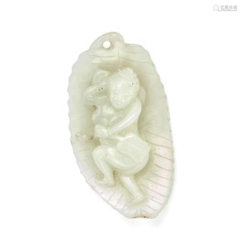 A WHITE JADE CARVING OF A LADY ON A LEAF 19th century