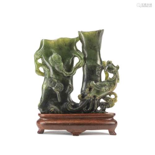 A SPINACH JADE 'PINE AND BAMBOO' DOUBLE VASE 19th century (2...