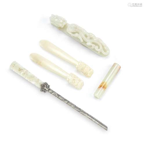 A JADE BELT HOOK, TWO JADE HAIRPINS, A JADE MOUNTED SILVER F...