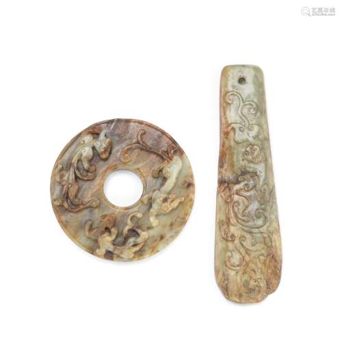 AN ARCHAISTIC JADE 'CHI DRAGON' BLADE, GUI, AND A JADE DISC,...