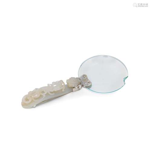 A PALE GREEN JADE BELT HOOK MOUNTED AS MAGNIFYING GLASS 19th...