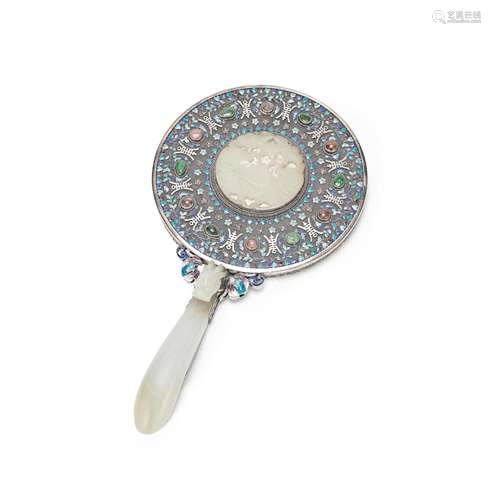 A SILVER FILIGREE, ENAMEL AND JADE HAND MIRROR Late Qing Dyn...