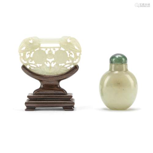 A PALE GREEN JADE SNUFF BOTTLE AND A JADE LOCK-FORM PLAQUE 1...