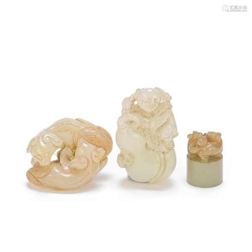 TWO CARVED JADE CARVINGS AND A SEAL 19th century (3)
