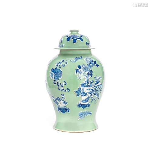 A CELADON-GROUND BLUE AND WHITE VASE AND COVER 20th century ...