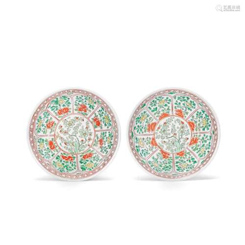 A PAIR OF FAMILLE VERTE DISHES Kangxi six-character marks an...
