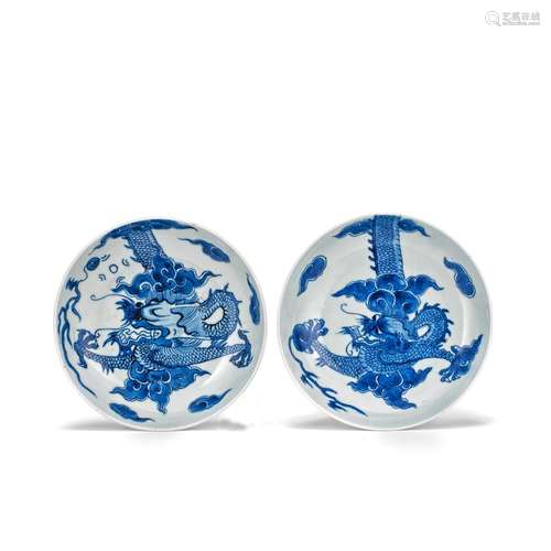 A PAIR OF BLUE AND WHITE 'DRAGON' DISHES Yongzheng six-chara...