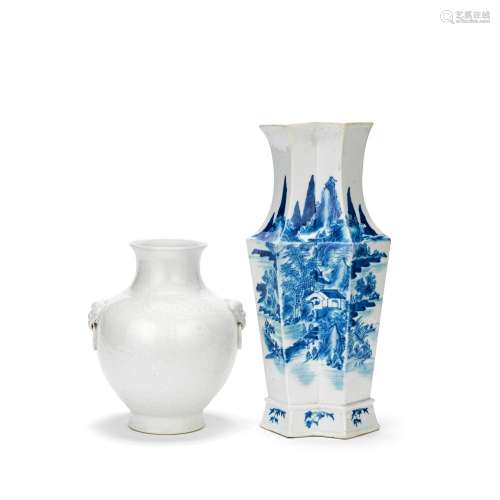 A BLUE AND WHITE VASE AND A WHITE GLAZED VASE 19th/20th cent...