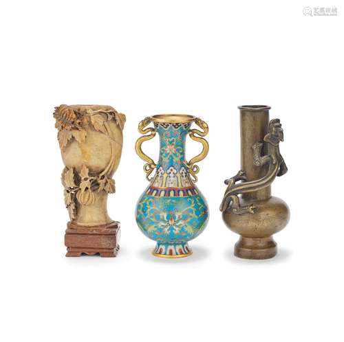 A BRONZE CHILONG VASE, A CLOISONNÉ VASE AND A SOAPSTONE VASE...