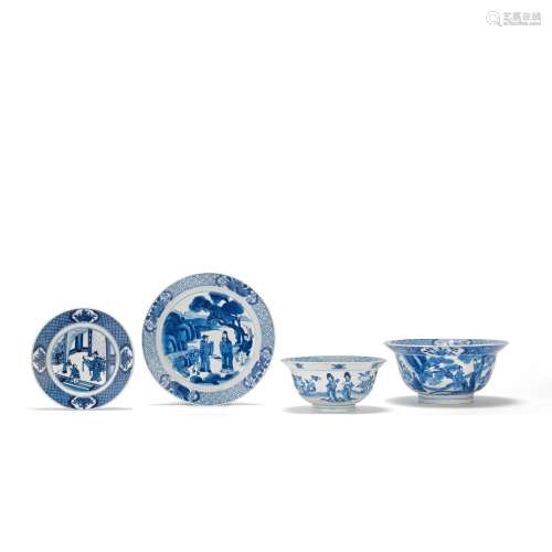 TWO BLUE AND WHITE BOWLS AND TWO DISHES Chenghua six-charact...