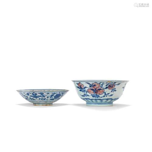 A BLUE AND WHITE AND COPPER RED 'SANDUO' BOWL AND A BLUE AND...