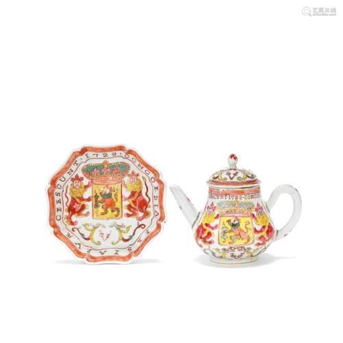 A RARE FAMILLE ROSE DUTCH ARMORIAL 'VOC' TEAPOT, COVER AND S...