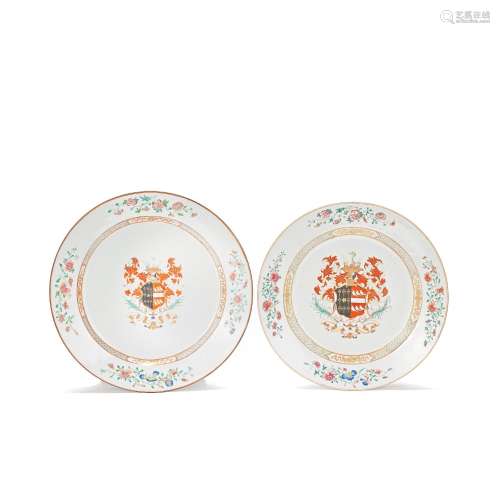 A NEAR PAIR OF FAMILLE ROSE ARMORIAL DISHES 18th century (2)