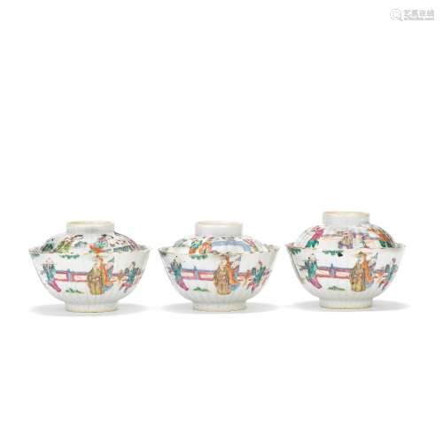 THREE FAMILLE ROSE BOWLS AND COVERS Tongzhi seal marks and o...