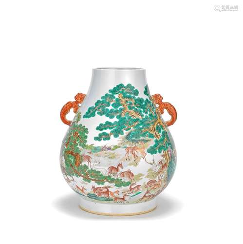 A FAMILLE ROSE 'HUNDRED DEER' VASE, HU Qianlong six-characte...