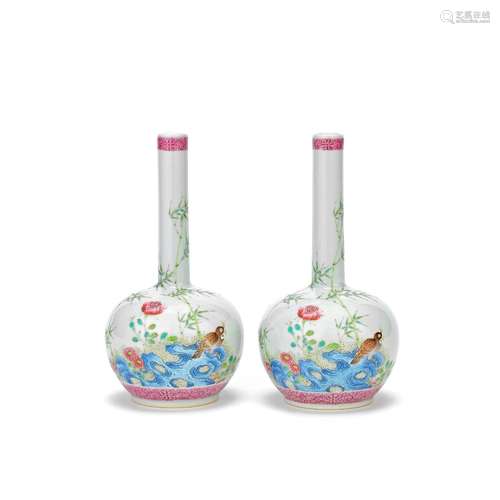 A PAIR OF FAMILLE ROSE BOTTLE VASES Qianlong six-character m...