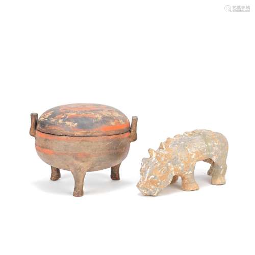 A PAINTED POTTERY TRIPOD VESSEL AND COVER, DING, AND A GREY ...