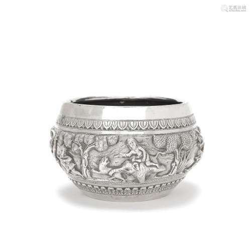 A SILVER REPOUSSÉ 'HUNTING SCENE' BOWL Lucknow, North India,...