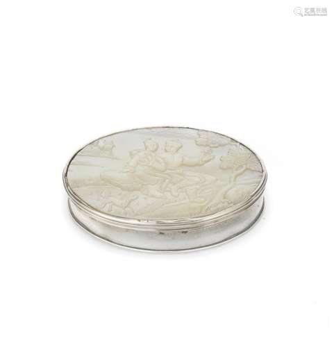 A MOTHER-OF-PEARL INSET WHITE METAL OVAL SNUFF BOX  18th cen...