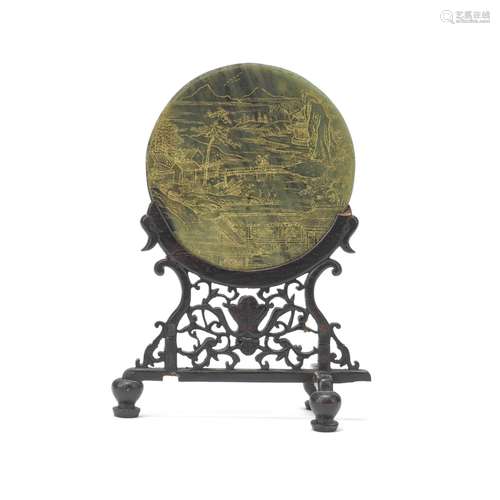 【Y】A GILT DECORATED SPINACH JADE 'LANDSCAPE' CIRCULAR TABLE ...