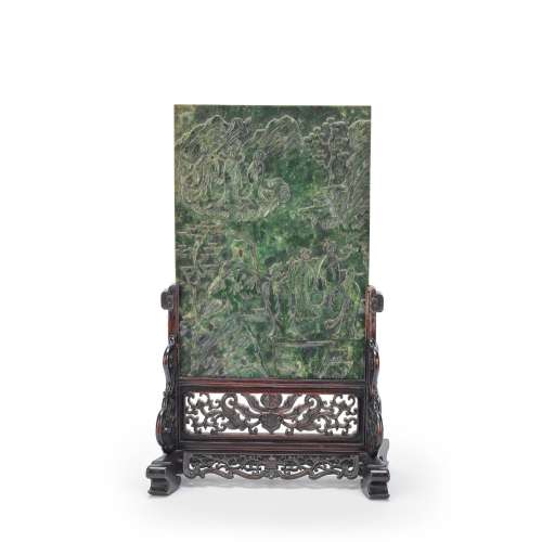 【Y】A SPINACH GREEN JADE TABLE SCREEN 20th century (2)