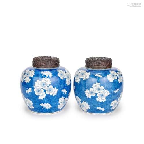 【Y】A PAIR OF BLUE AND WHITE 'PRUNUS' JARS Kangxi (6)