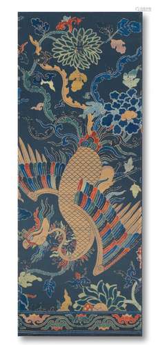 A BLUE-GROUND 'PHOENIX AND LOTUS' BROCADE PANEL 18th century