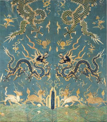 A BLUE-GROUND SILK EMBROIDERED 'DRAGON' PANEL 17th century