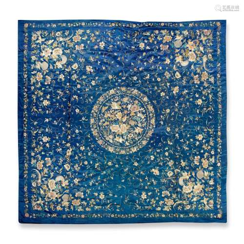 A BLUE-GROUND SILK EMBROIDERED TABLE COVERING Late Qing/earl...