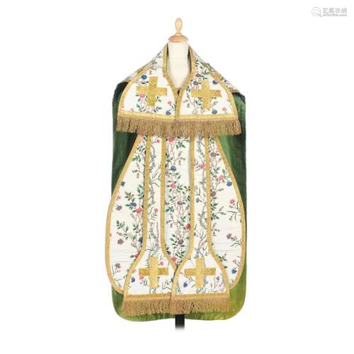 【†】A CHINESE PAINTED AND EMBROIDERED CHASUBLE, STOLE AND MAN...