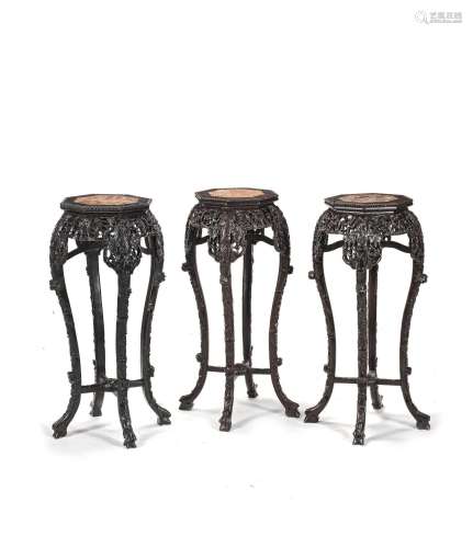 【TP】THREE TALL MARBLE INLAID HARDWOOD STANDS First half 20th...