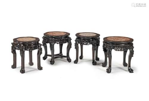 【TP】TWO NEAR PAIRS OF MARBLE INLAID HARDWOOD STANDS First ha...
