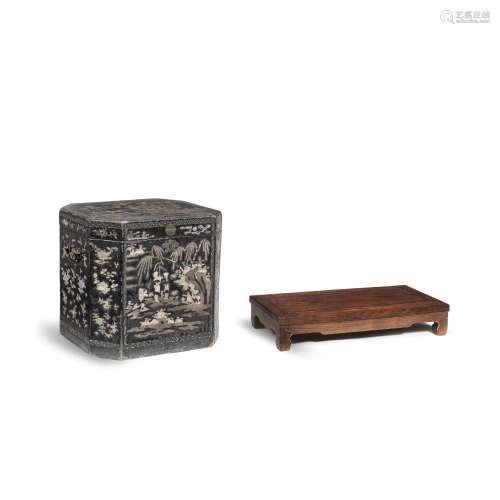 【TP】A MOTHER-OF-PEARL INLAID BLACK LACQUERED CHEST AND A HON...