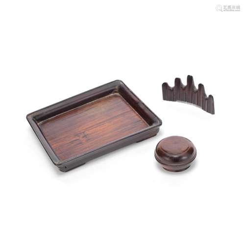 【†】A ZITAN BRUSH REST, SEAL PASTE BOX AND TRAY 19th century ...