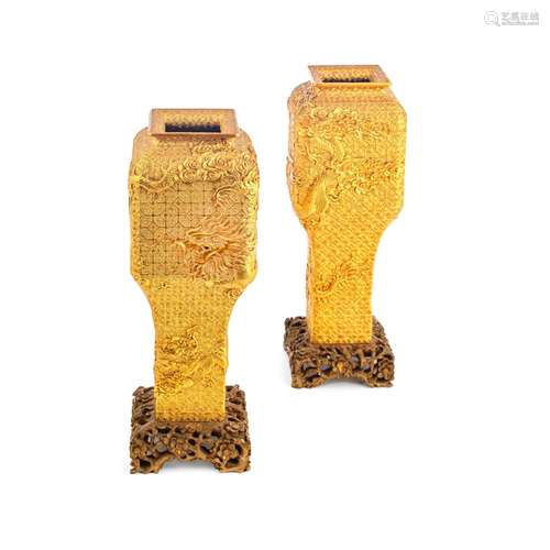 A BOXED PAIR OF GILT 'FOOCHOW' LACQUER VASES Early 20th Cent...