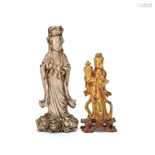 TWO GILT-DECORATED FOOCHOW LACQUER GUANYIN FIGURES Early 20t...