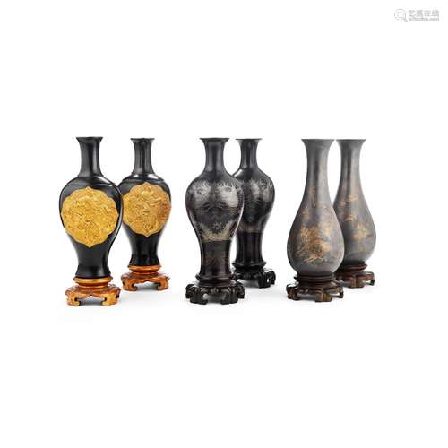 THREE PAIRS OF 'FOOCHOW' LACQUER VASES Early 20th century (6...