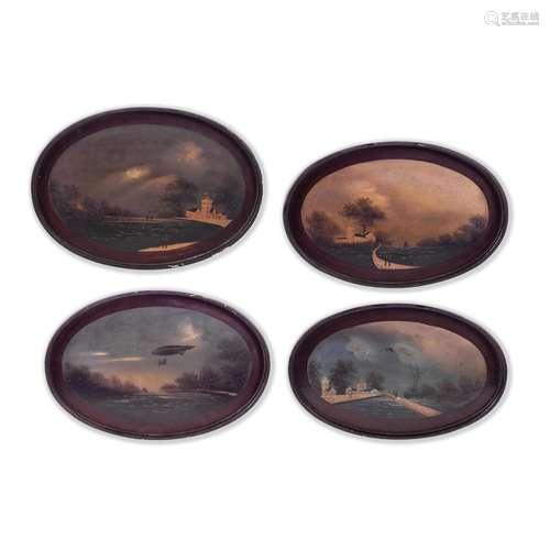 A SET OF FOUR GRADUATED FOOCHOW LACQUER 'LANDSCAPE' TRAYS Ea...