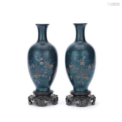 A PAIR OF 'FOOCHOW' LACQUER BLUE GROUND VASES Early 20th Cen...