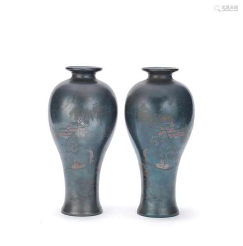 A PAIR OF LARGE 'FOOCHOW' LACQUER BLUE GROUND VASES Early 20...