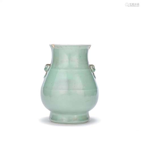 A CELADON-GLAZED VASE, HU Underglaze blue Qianlong six-chara...