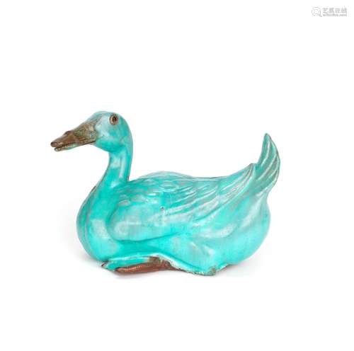 AN IMITATION-JUN GLAZED POTTERY MODEL OF A DUCK Late Qing/Re...