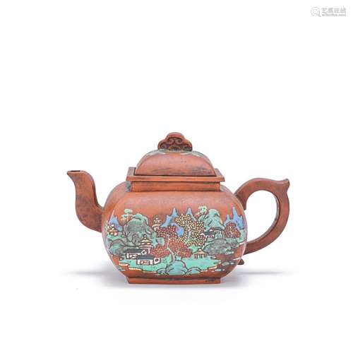 AN ENAMELLED YIXING STONEWARE TEAPOT AND COVER Daoguang, sig...